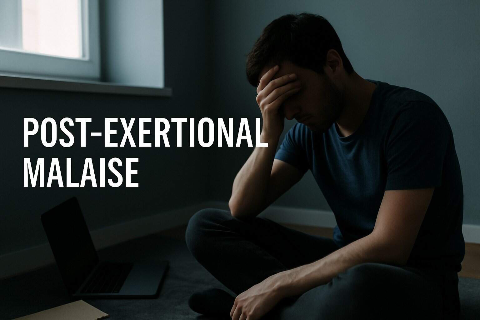 Erschöpfter Mann sitzt in abgedunkeltem Raum, Licht fällt durch Fenster – Symbolbild für Post-Exertional Malaise (PEM) bei ME/CFS.