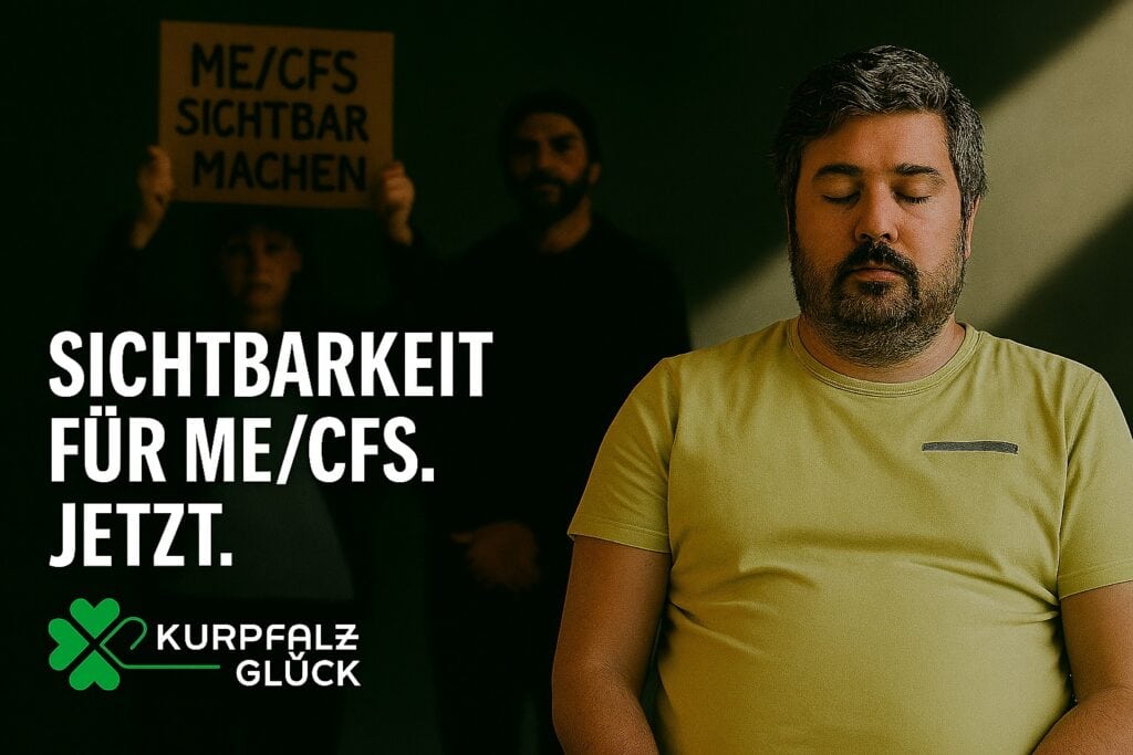 Ein Mann mit geschlossenen Augen liegt ruhig im Bett, während hinter ihm zwei Menschen ein Protestplakat mit der Aufschrift „ME/CFS sichtbar machen“ hochhalten. Daneben steht der Slogan „Sichtbarkeit für ME/CFS. Jetzt.“ und das Logo von Kurpfalzglück