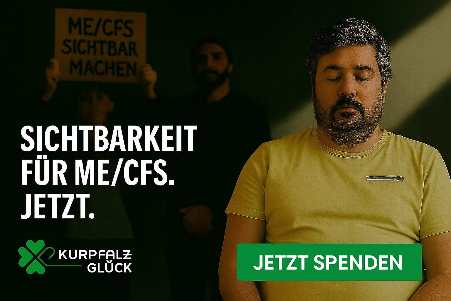 Kampagnenbild für Sichtbarkeit von ME/CFS mit „Jetzt spenden“-Button