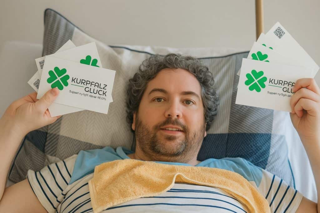 Fabian hält Kurpfalzglück-Postkarten in den Händen – ein persönlicher Beitrag über Fortschritte mit ME/CFS.