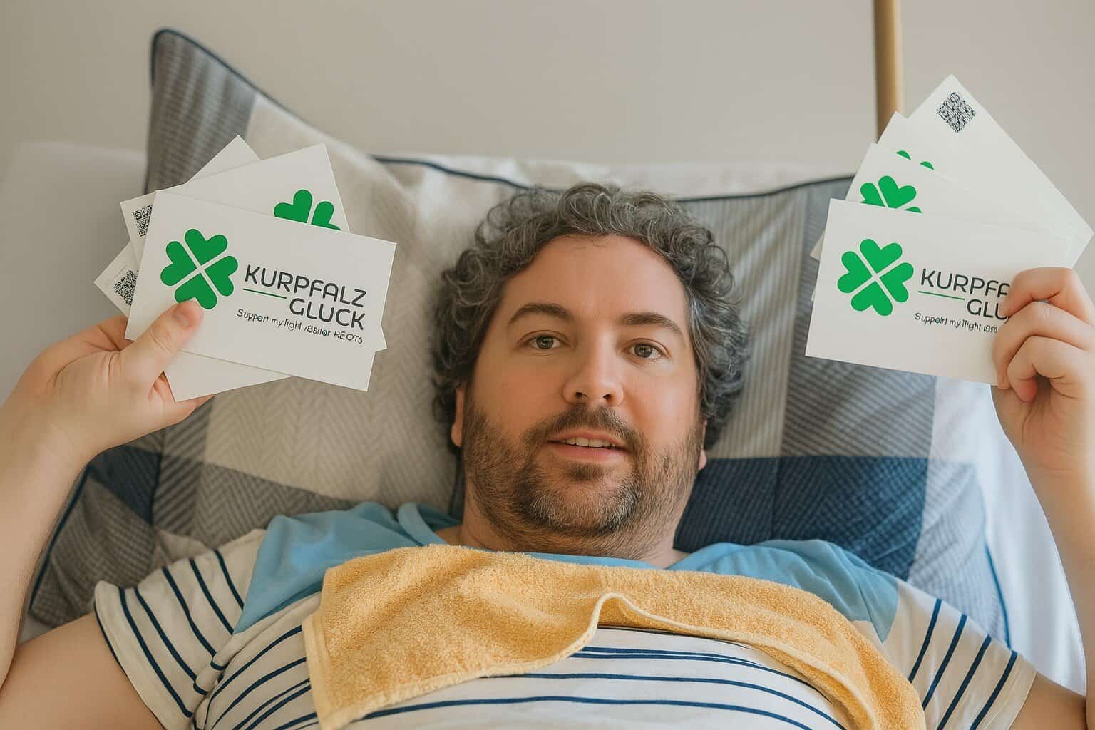 Fabian hält Kurpfalzglück-Postkarten in den Händen – ein persönlicher Beitrag über Fortschritte mit ME/CFS.