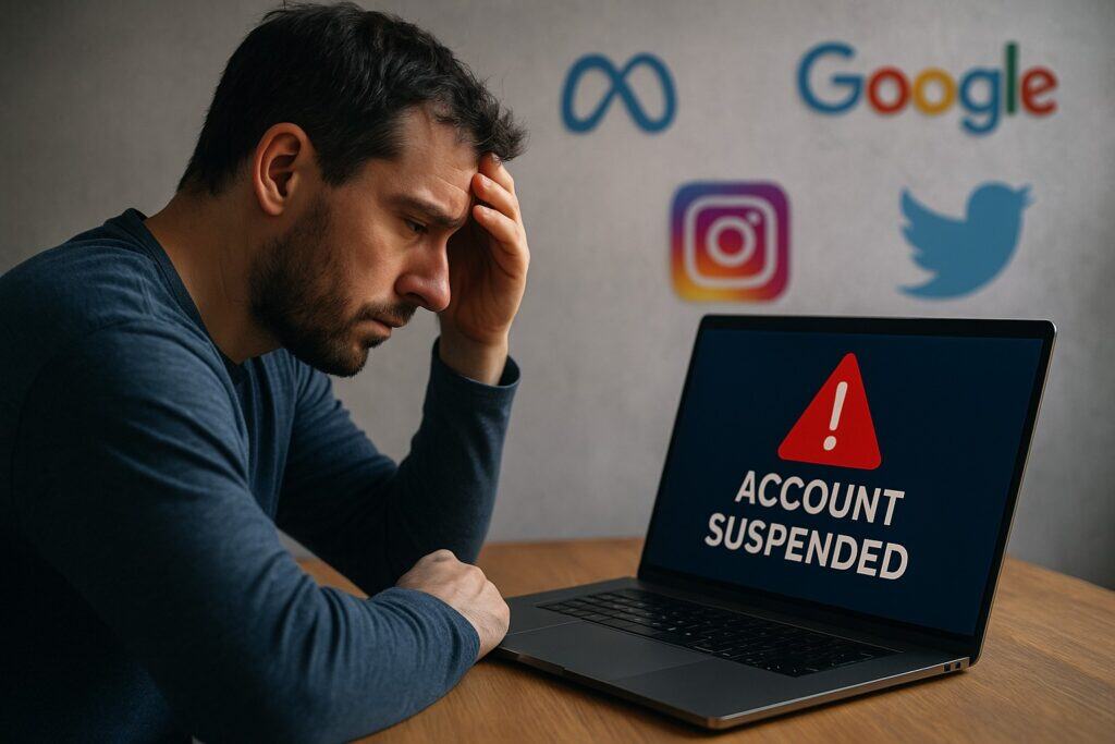 Mann sitzt frustriert vor Laptop mit „Account suspended“-Warnung; im Hintergrund Social-Media-Logos von Meta, Google, Instagram und Twitter.