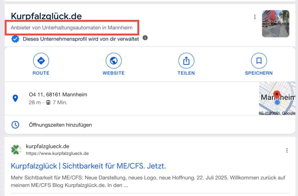 Screenshot des Google-Unternehmensprofils von Kurpfalzglück.de mit fehlerhafter Kategorisierung als „Anbieter von Unterhaltungsautomaten in Mannheim“.