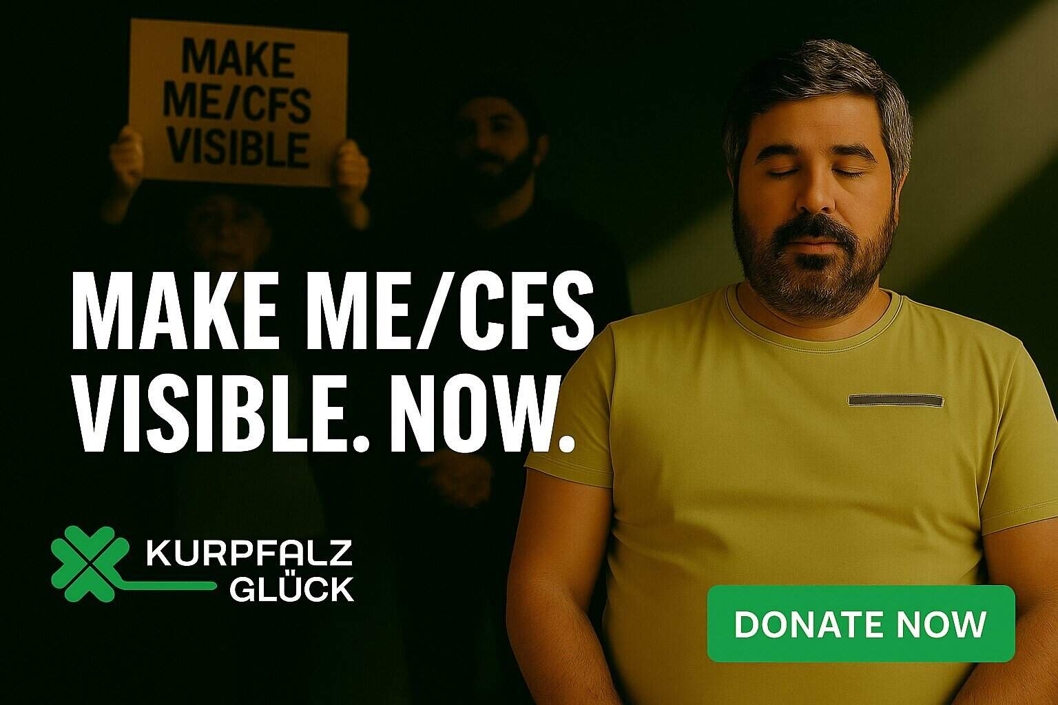 Campaign image for visibility of ME/CFS with "Donate now" button
