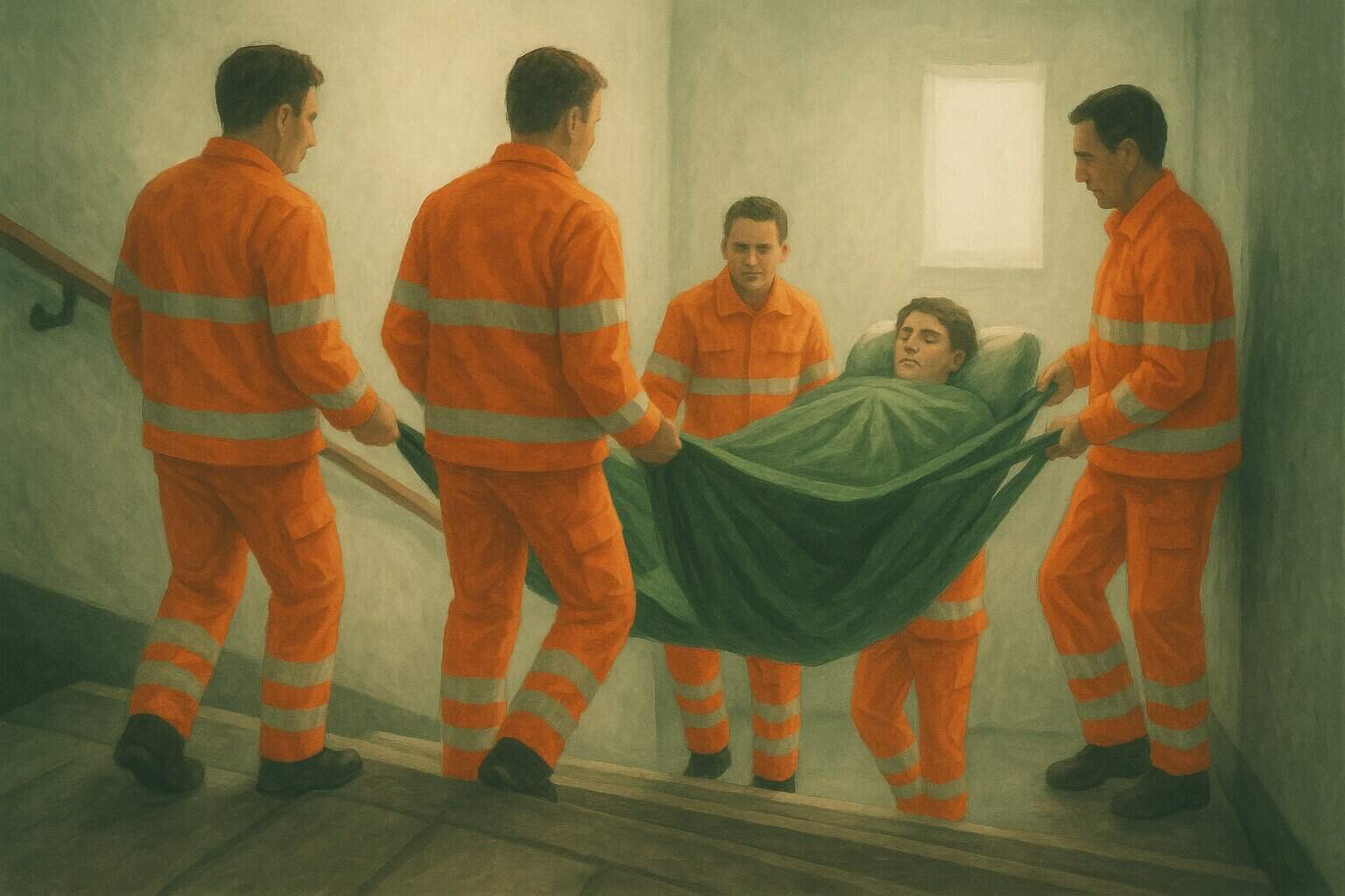Vier Rettungskräfte in orangefarbenen Uniformen tragen eine liegende Person im grünen Tragetuch eine Treppe hinunter – Symbol für den aufwendigen Transport bei ME/CFS.