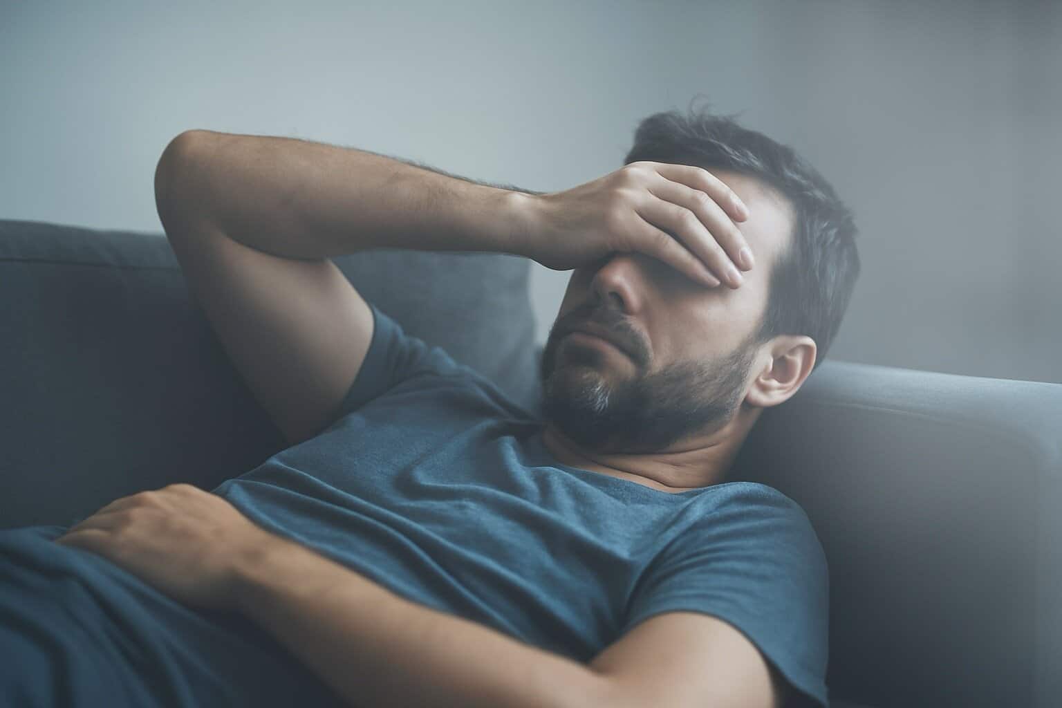 Mann liegt erschöpft auf einer Couch, Unterarm über die Stirn gelegt, Augen geschlossen, verschwommene, neblige Stimmung
